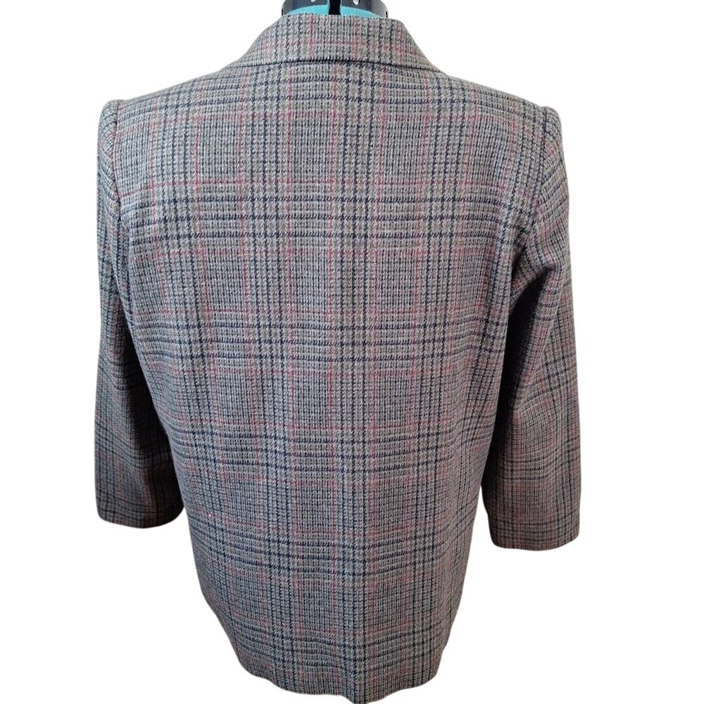 Vintage Sag Harbor Gray Green Plaid Wool Blnd Blazer Women Size 14P Petite - Picture 6 of 9